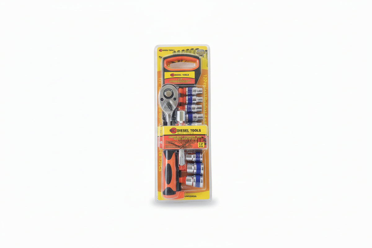 Hand wrench and drill bits set with 'Diesel Tools' packaging on a white background