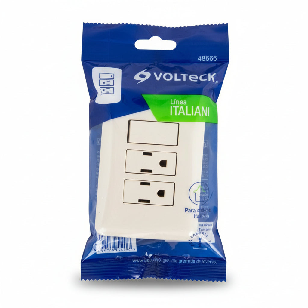 PLACA ELECTRICA CON INTERRUPTOR DE 2 TOMAS Y UN APAGADOR MARFIL VOLTECK 48668