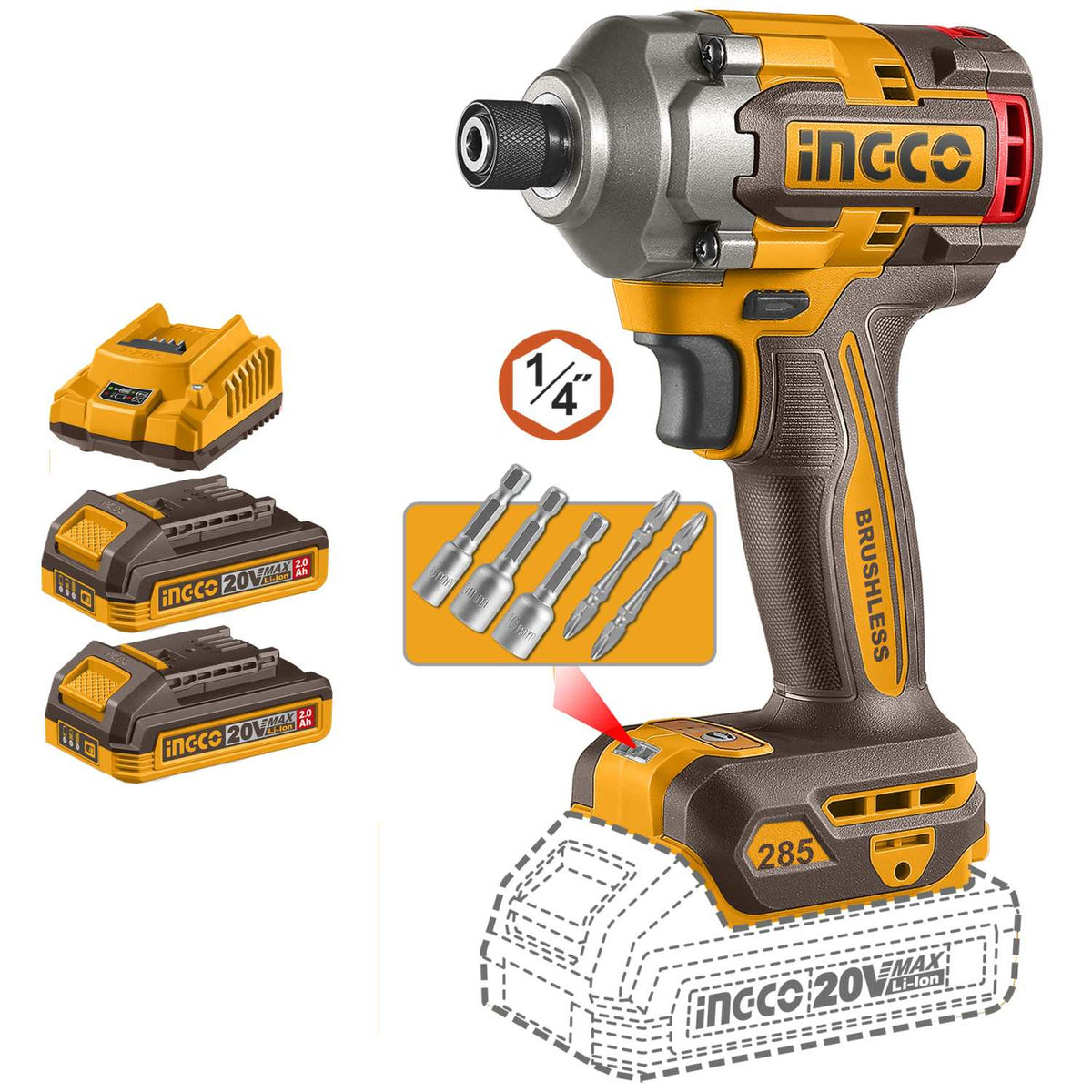 ATORNILLADOR IMPACTO INALAMBRICO 6.35 mm (1/4 in) 20 V 2.0 A 285 N.m INGCO UCIRLI2028