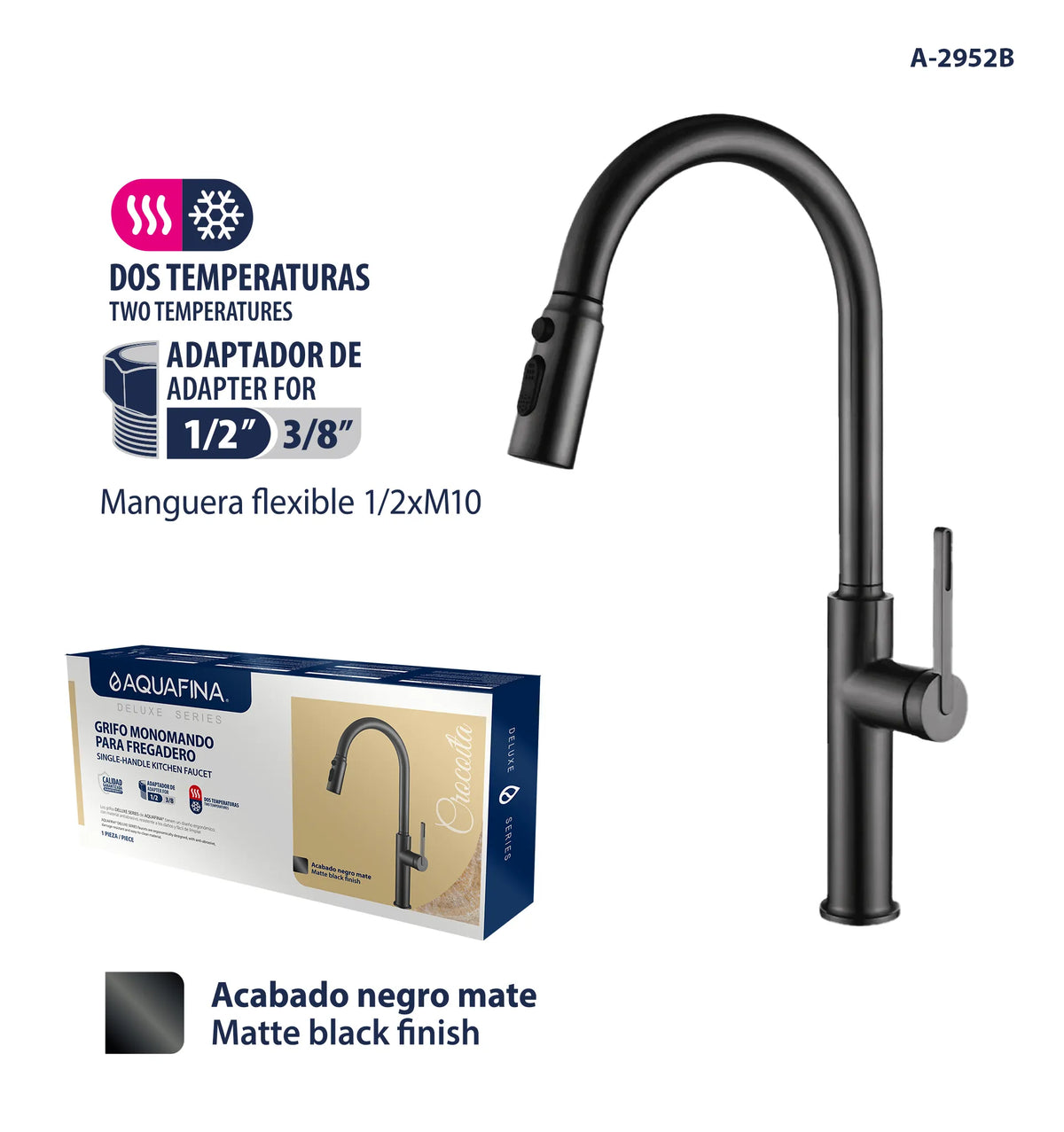GRIFO PARA FREGADERO NEGRO A-2952B AQUA FINA