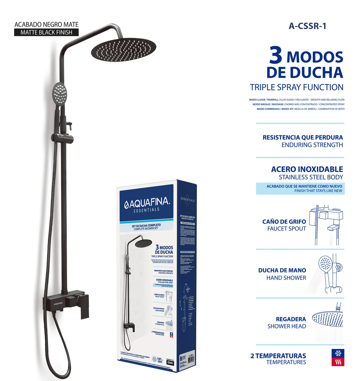 SET DE DUCHA COMPLETO REDONDA NEGRO AQUA FINA A-CSSR-1