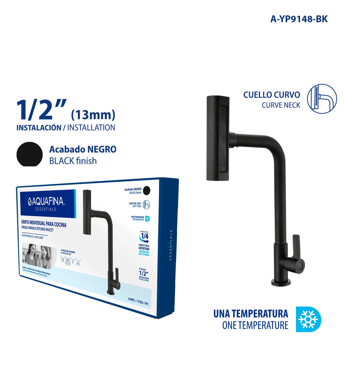 GRIFO PARA FREGADERO CUELLO CURVO NEGRO 1/2PLG AQUA FINA A-YP9148-BK