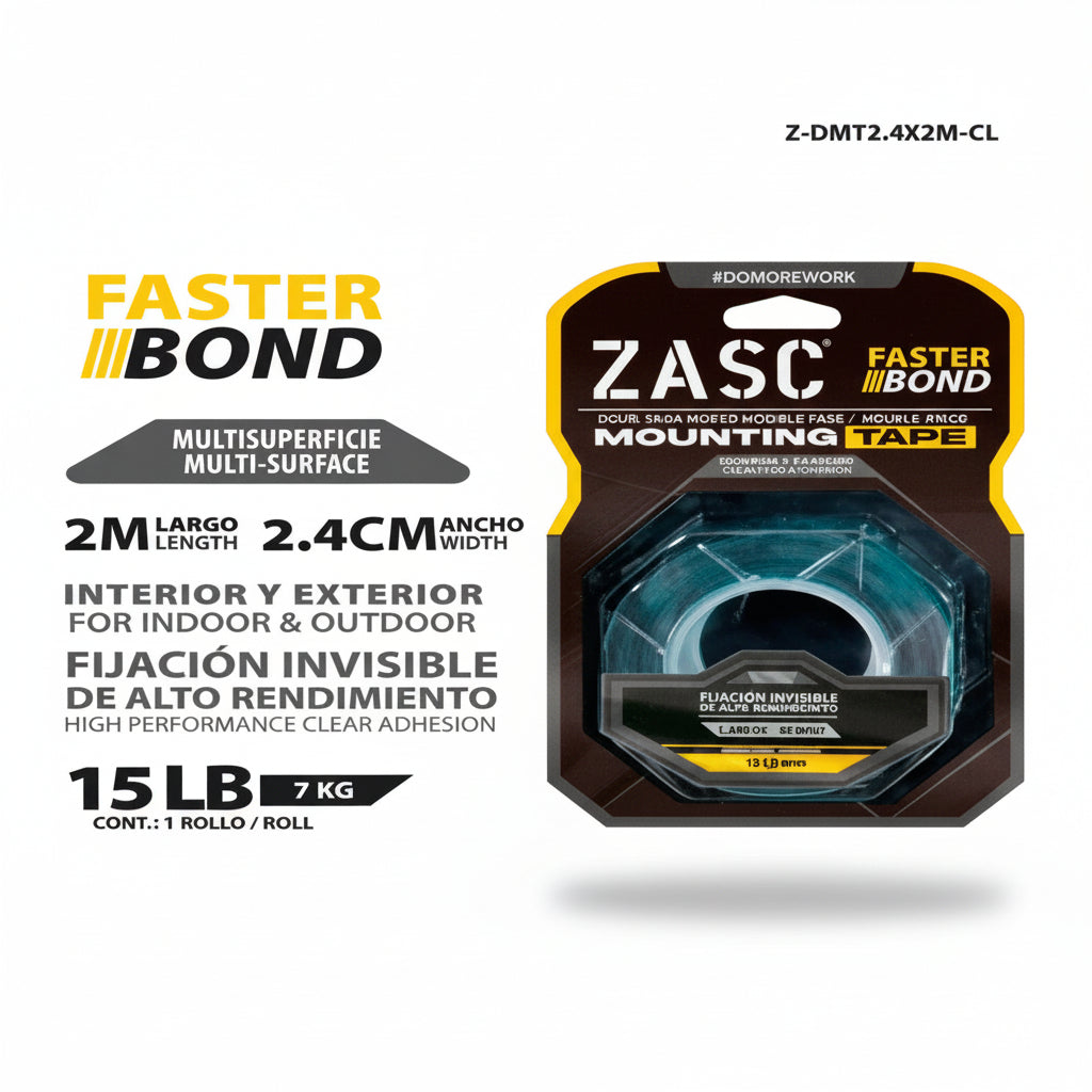 CINTA DOBLE CARA ACRILICO TRANSPARENTE ZASC 2.4CMX2M Z-DMT2.4X2M-CL