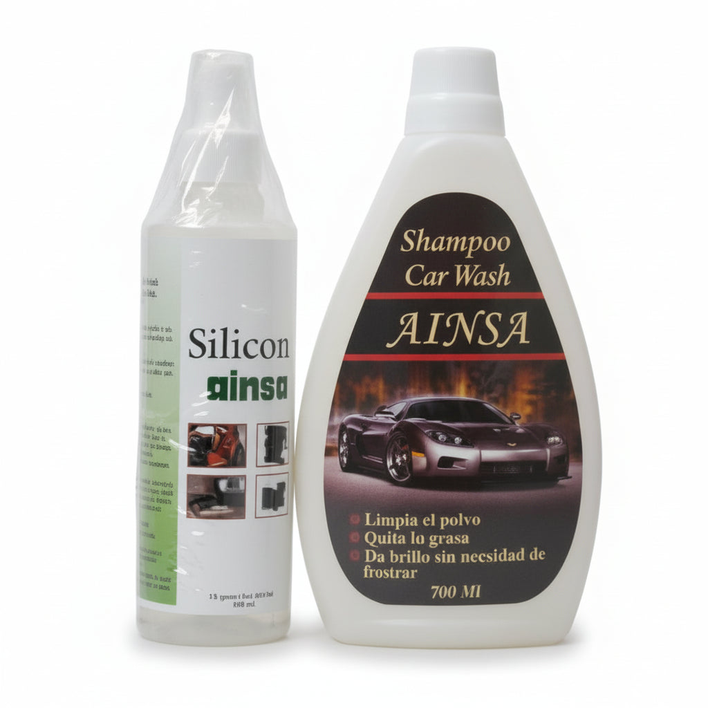 SET SHAMPOO 500ML+SILICONA 250 ML+ESPONJA CAR WASH AINSA