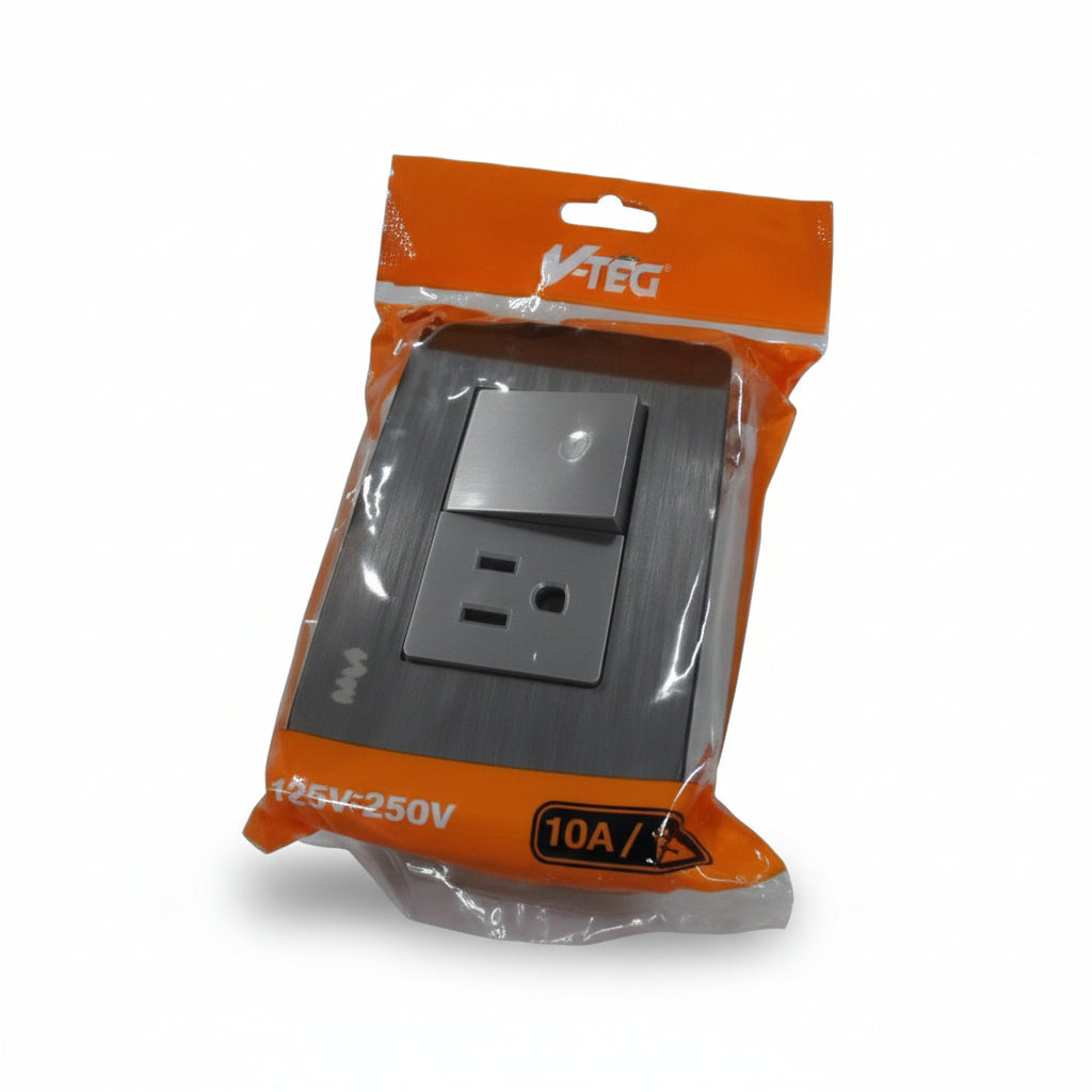 TOMA Y APAGADOR GRIS 110V/250V V-TEG VT-222007