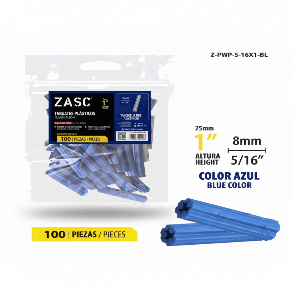 SET DE ANCLA TACO PLASTICA CELESTE 5/16X1 PLG ZASC Z-PWP-5-16X1-BL