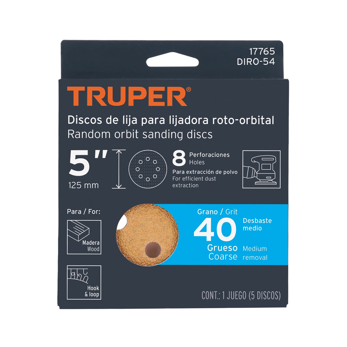 SET DISCO PARA LIJADORA ROTO-ORBITAL LIJA 5 PLG GRANO #40 17765 TRUPER