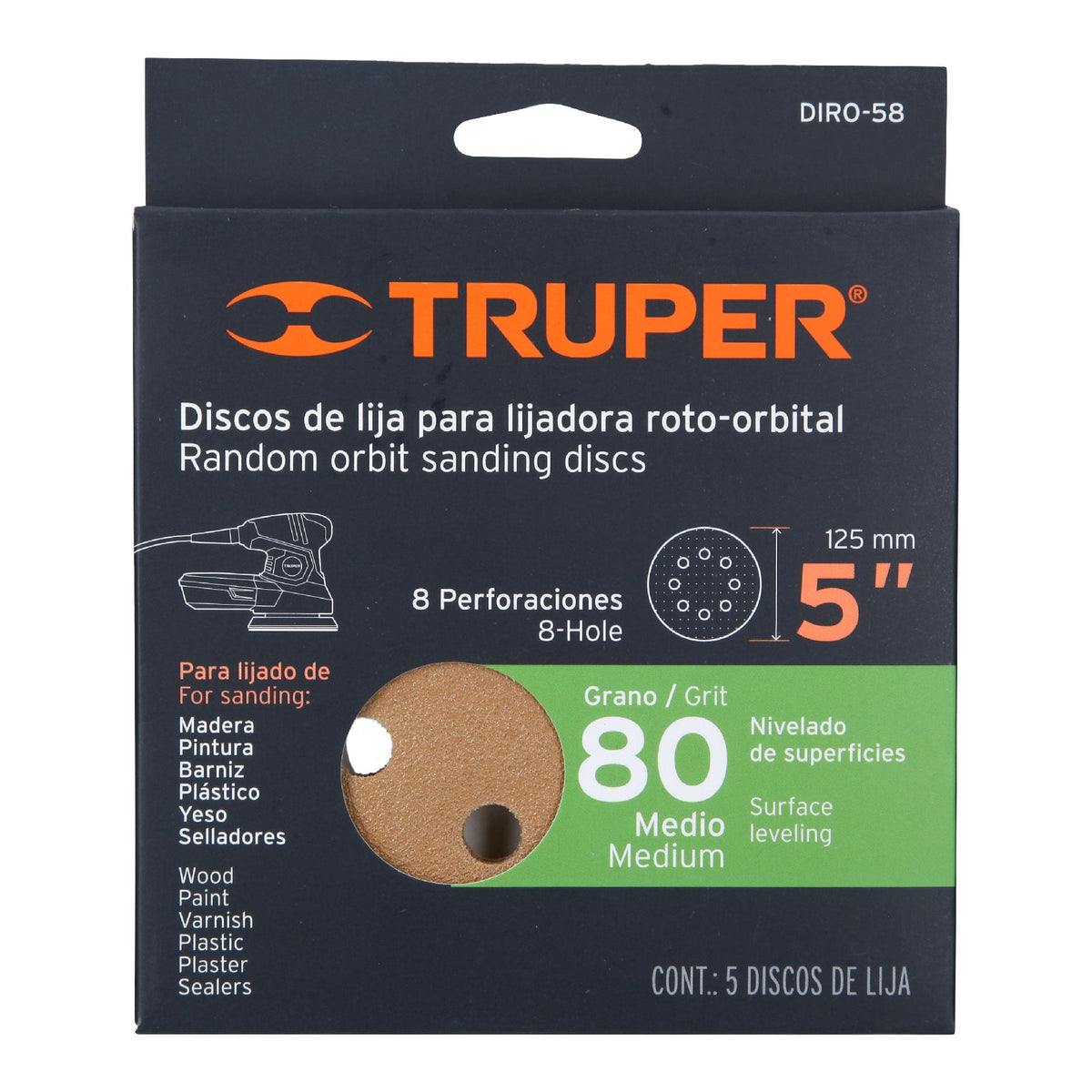 SET DISCO PARA LIJADORA ROTO-ORBITAL LIJA 5 PLG GRANO #80 17942 TRUPER
