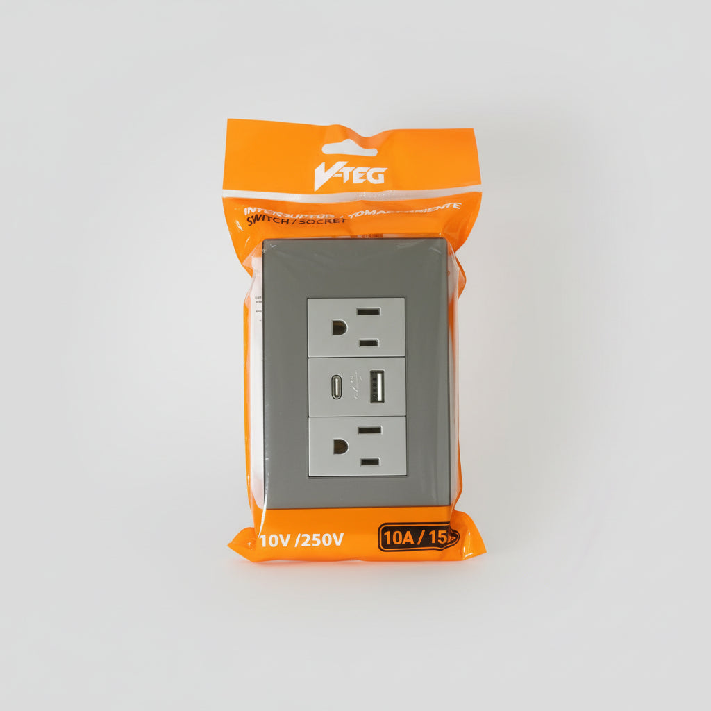 TOMA DOBLE CON USB Y TIPO C GRIS METALICO 15A 110V/250V V-TEG VT-2225
