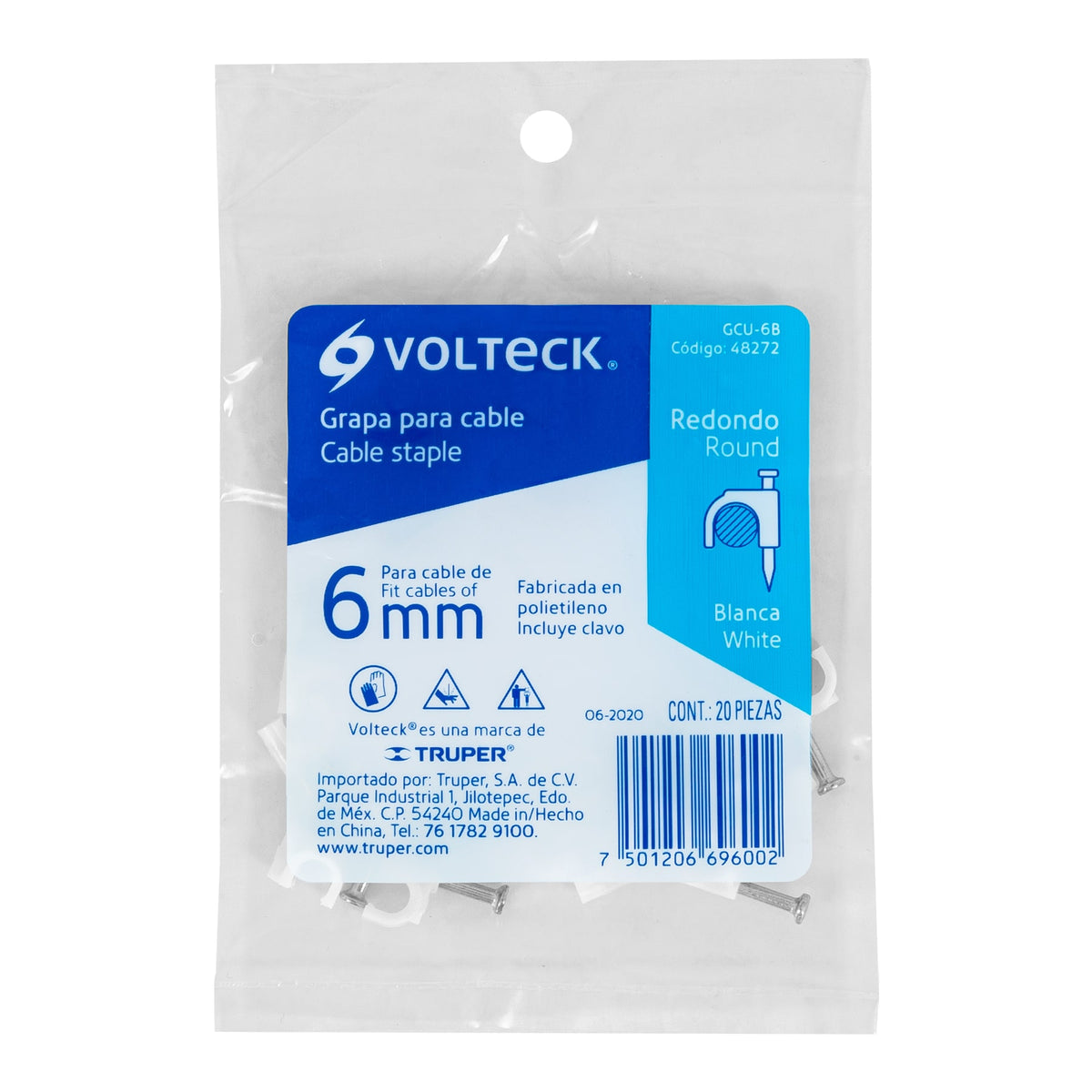 GRAPA PLASTICA P/CABLE REDONDO 10MM 20PZS BLANCA VOLTECK 48274