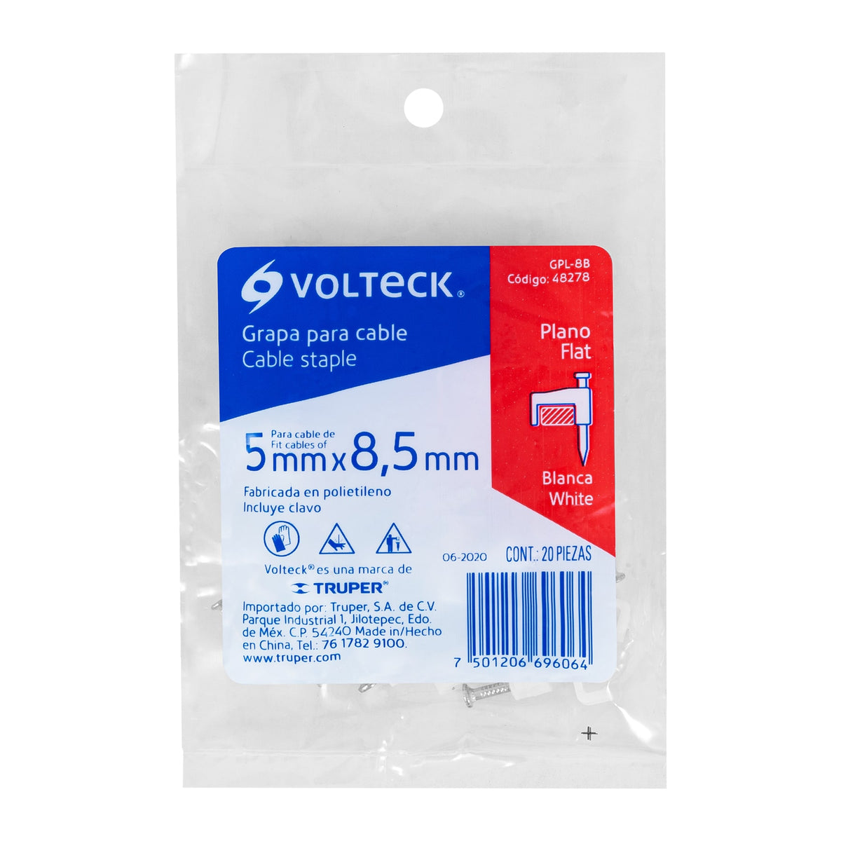 GRAPA PLASTICA PARA CABLE PLANO 5X8.5MM 20PZS BLANCA VOLTECK 48278