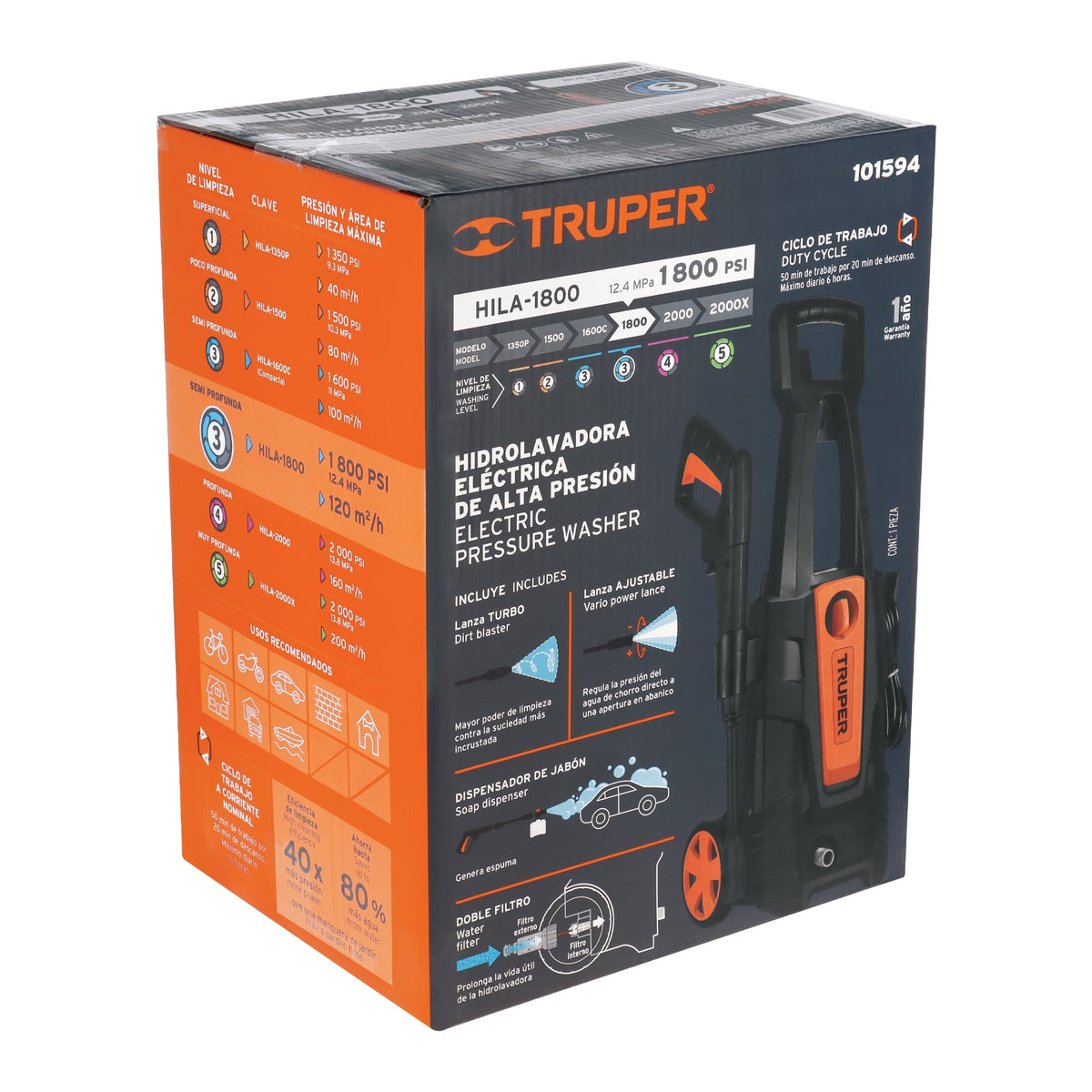 HIDROLAVADORA ELECTRICA DE 1800PSI TRUPER 101594