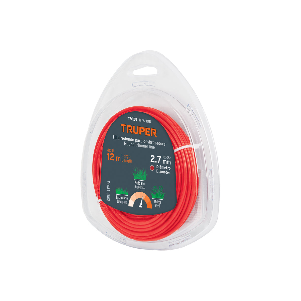HILO CORTE REDONDO 2.7MMX12M PARA ORILLADORA ROJO TRUPER 17629
