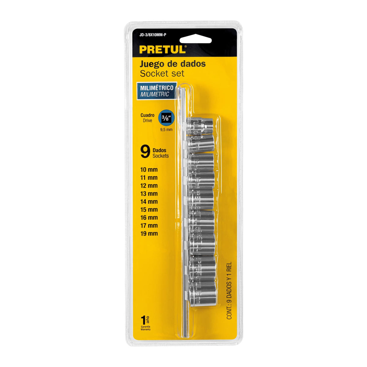 JUEGO DE 9 DADOS DE 3/8 PLG 10MM-19MM PRETUL 21189