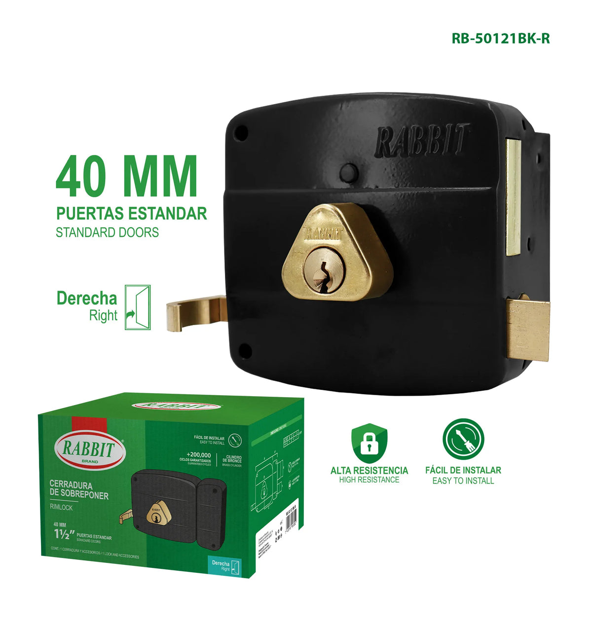CERRADURA DE SOBREPONER NEGRO MATE DERECHA 40MM RABBIT RB-50121BLACK-BL