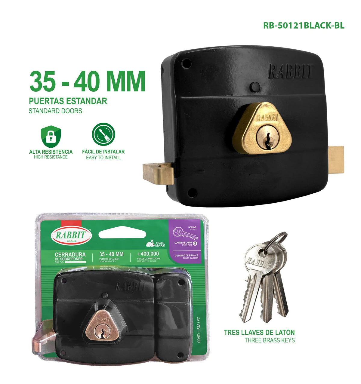 CERRADURA DE SOBREPONER NEGRA IZQUIERDA 35-40MM RABBIT RB-5021BLACK-BL