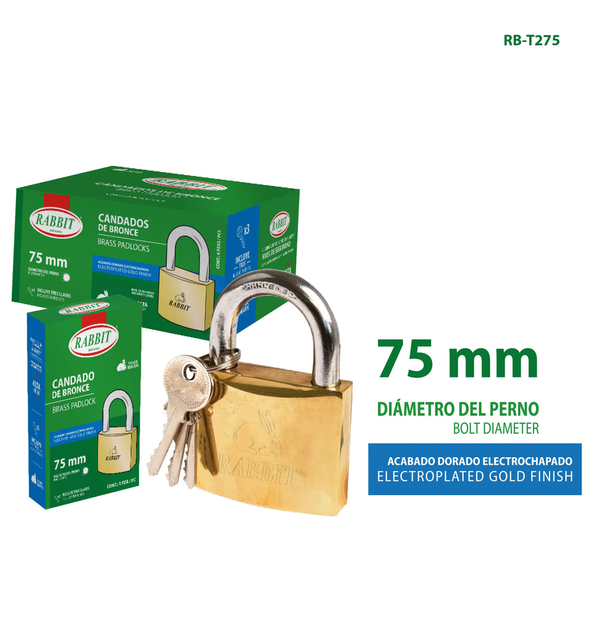 CANDADO DE BRONCE DORADO 75MM RABBIT RB-T275