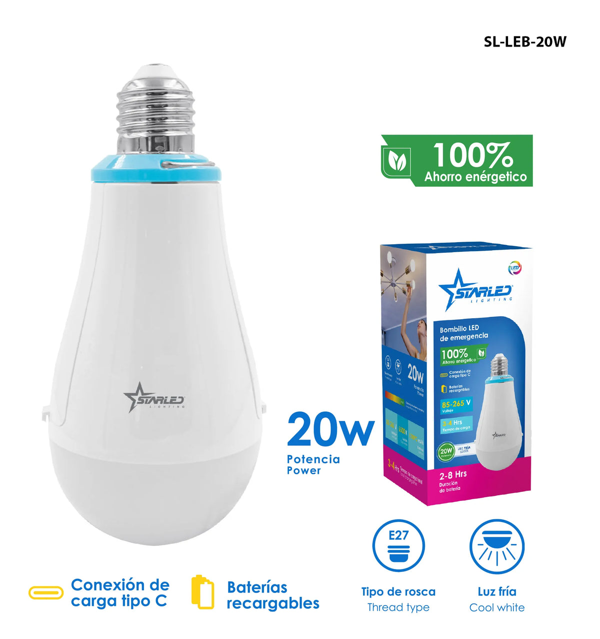 FOCO LED DE EMERGENCIA 20W INCLUYE BATERIAS STARLED SL-LEB-20W