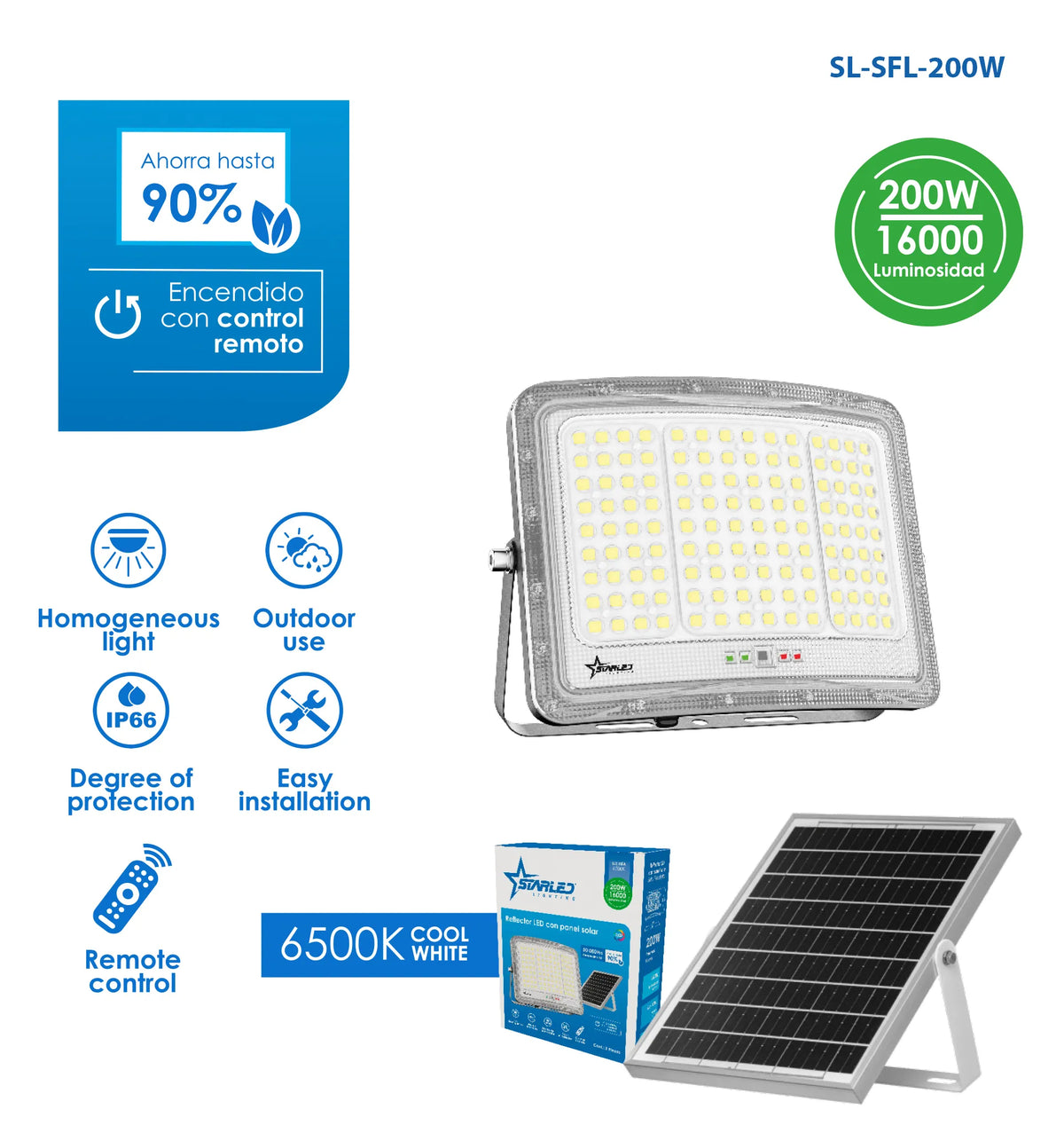 REFLECTOR LED CON PANEL SOLAR 200W/16000LM STARLED SL-SFL-200W