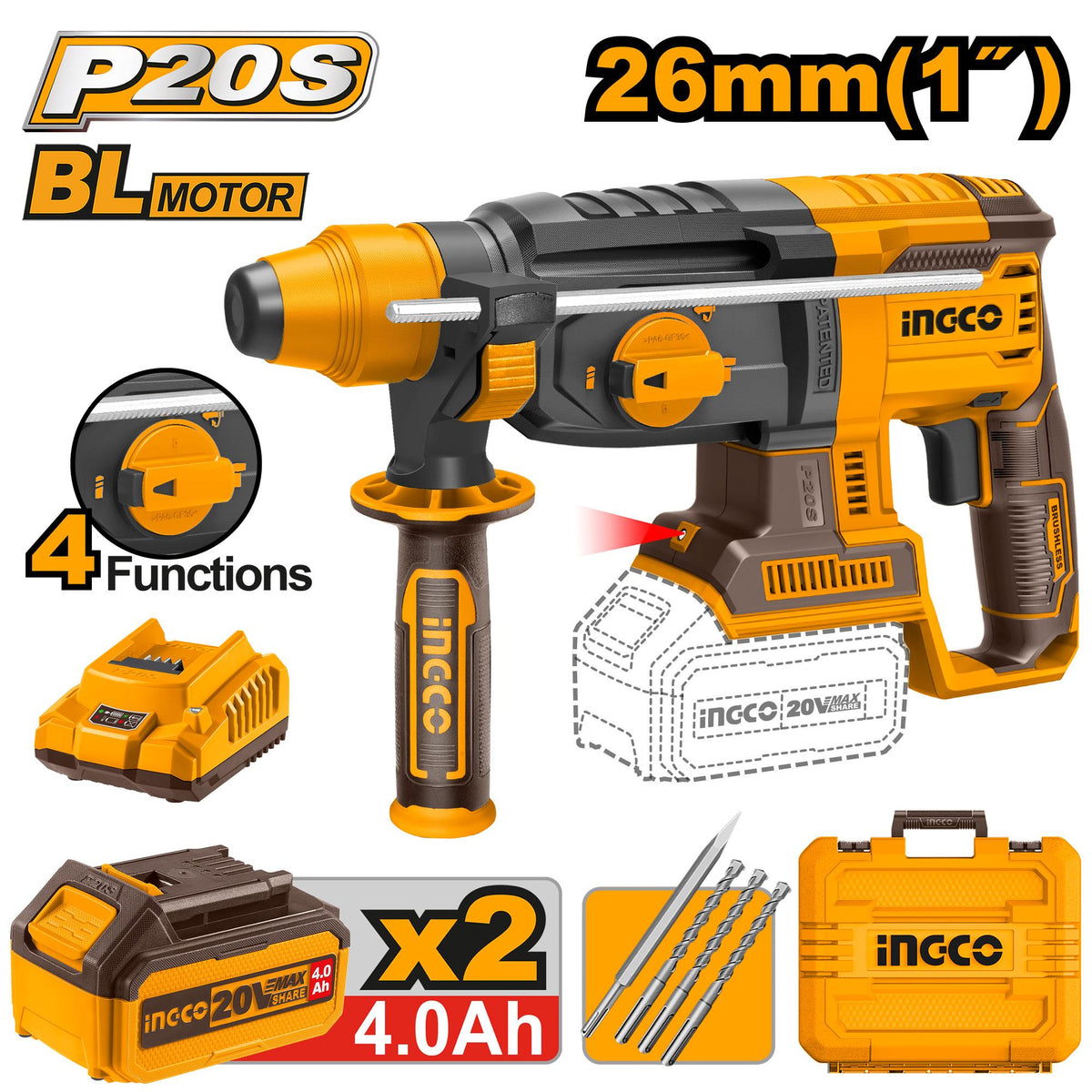 ROTOMARTILLO INALAMBRICO 3MOD 2J 20V SDS PLUS S/S INGCO UCRHLI202287