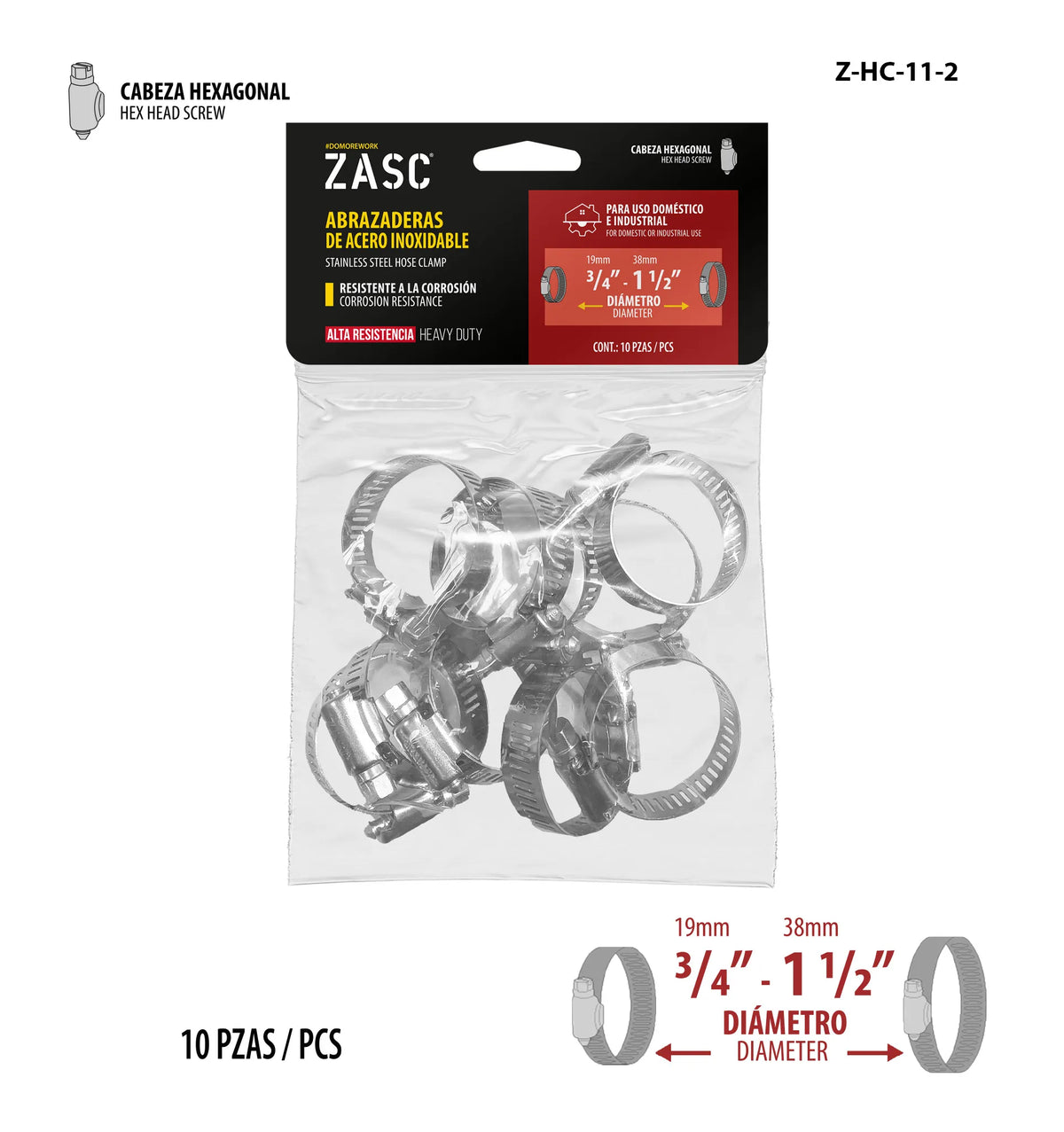 SET DE ABRAZADERA UNIVERSAL 10 PCS 3/4-1 1/2PLG ZASC Z-HC-11-2