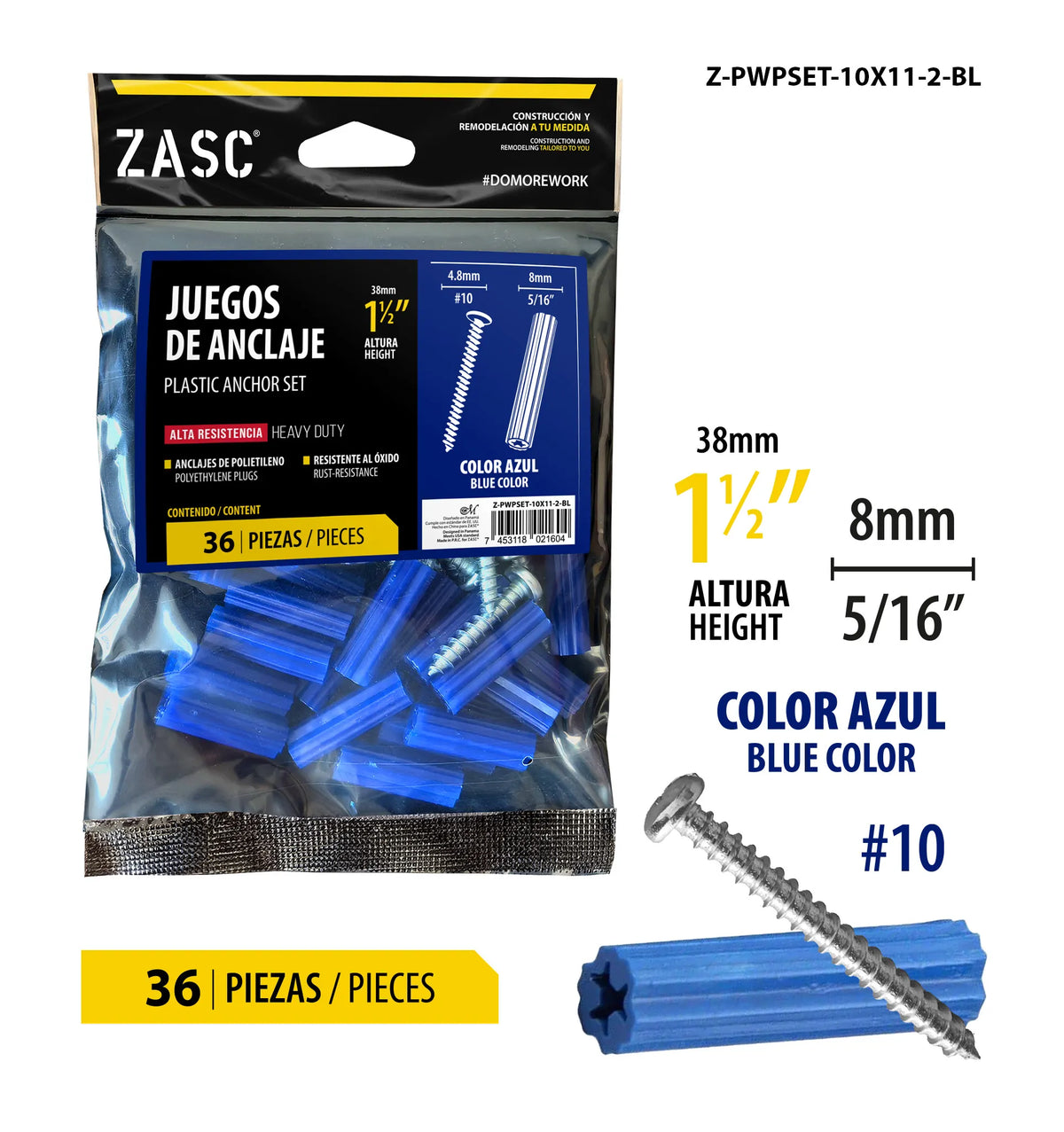 SET DE ANCLAS+TRONILLOS 5/16X1 1/2 PLG AZUL ZASC Z-PWPSET-10X11-2-BL