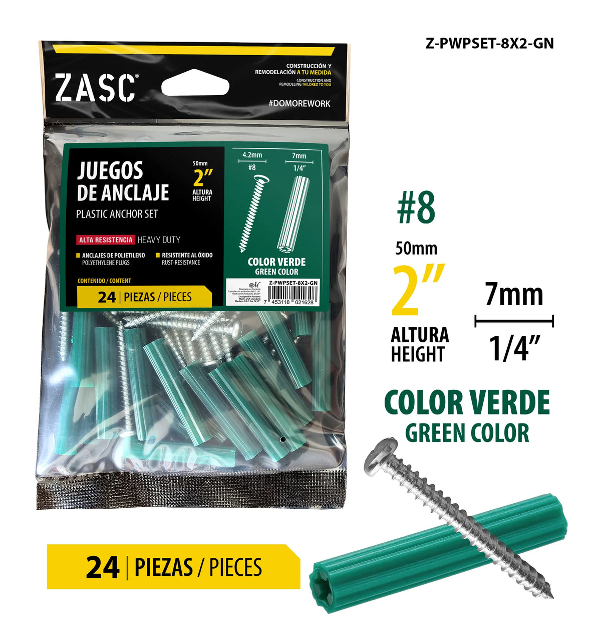 SET DE ANCLAS+TORNILLOS 1/4X2 PLG VERDE ZASC Z-PWPSET-8X2-GN