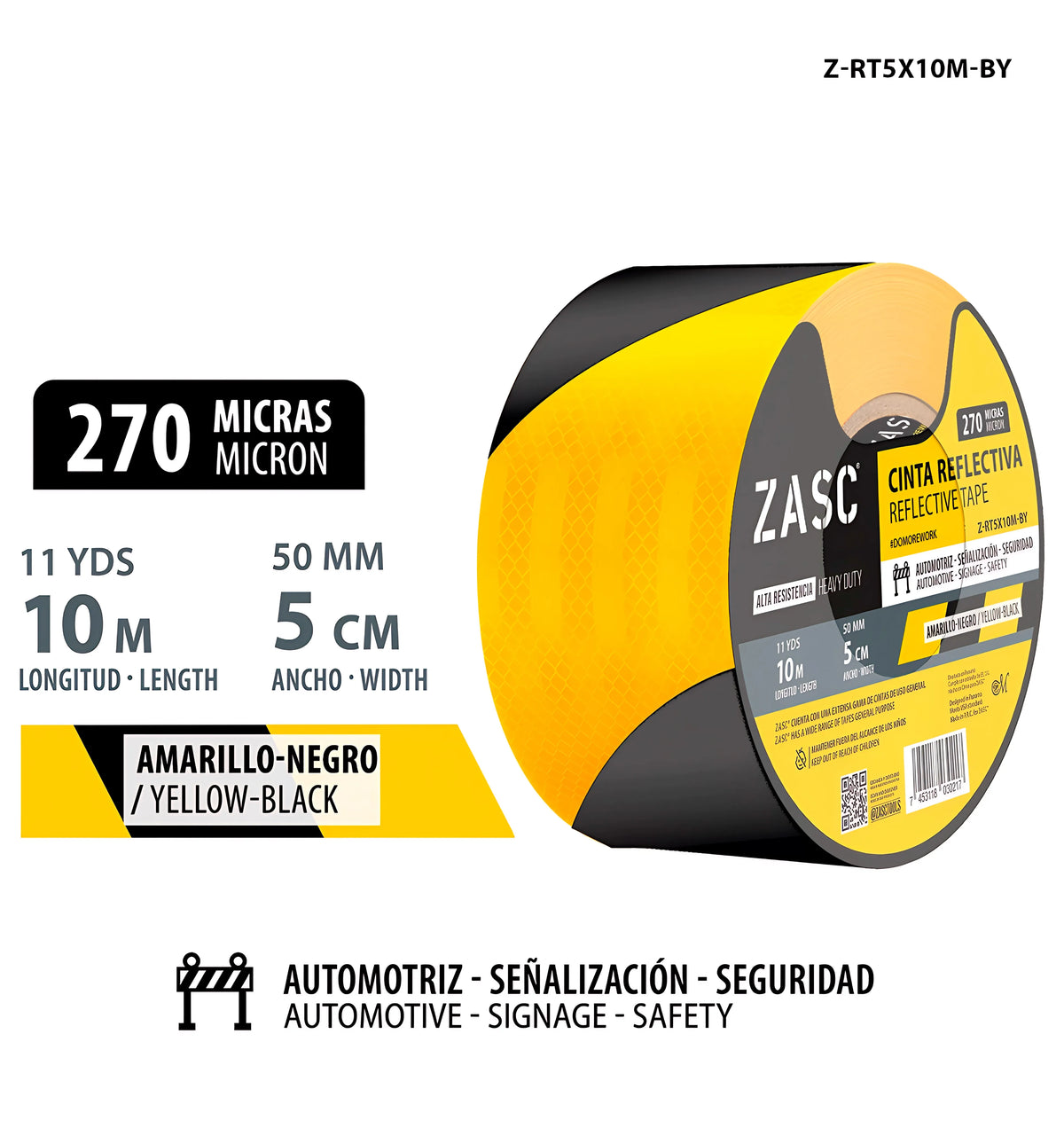 METRO CINTA REFLECTIVA AMARILLO Y NEGRO DE 5CMX10M 270MIC ZASC Z-RT5X10M-BY