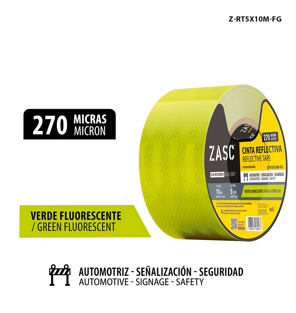 METRO CINTA REFLECTIVA VERDE FLUORESCENTE DE 5CMX10M 270MIC ZASC Z-RT5X10M-FG
