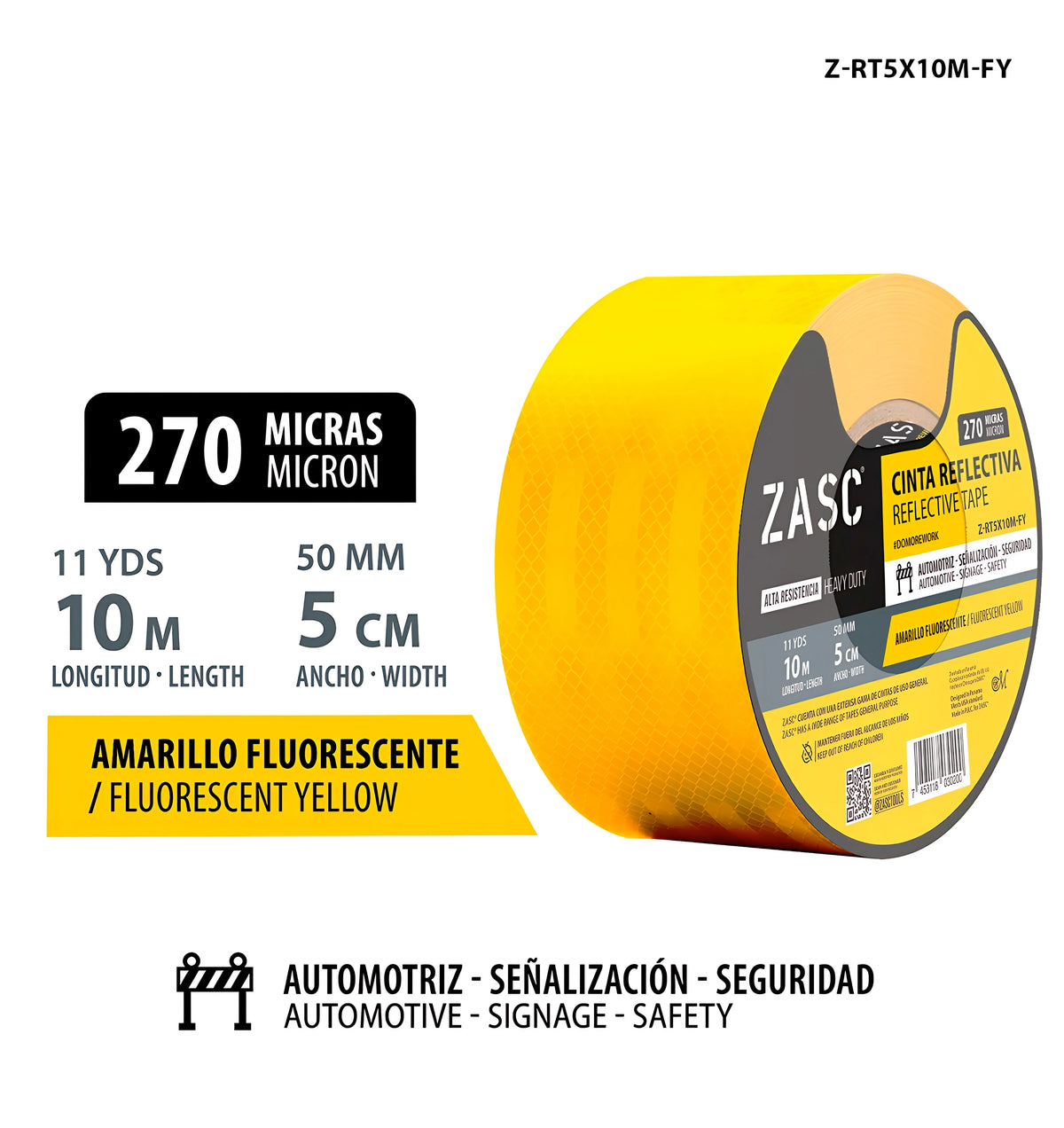 METRO CINTA REFLECTIVA AMARILLO FLUORESCENTE DE 5CMX10M 270MIC ZASC Z-RT5X10M-FY
