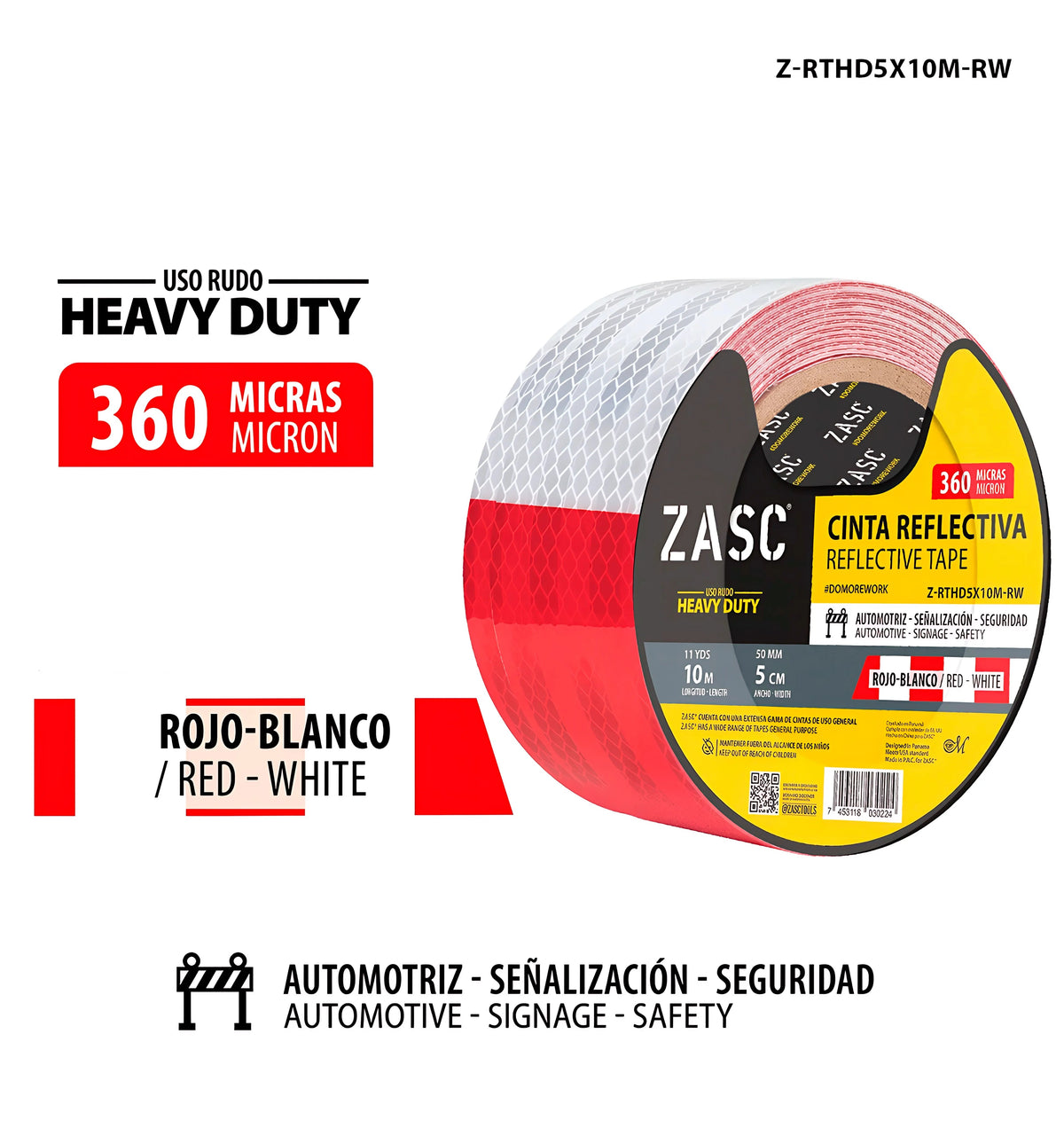 METRO CINTA REFLECTIVA ROJO Y BLANCO USO RUDO DE 5CMX10M 360MIC ZASC Z-RTHD5X10M-RW
