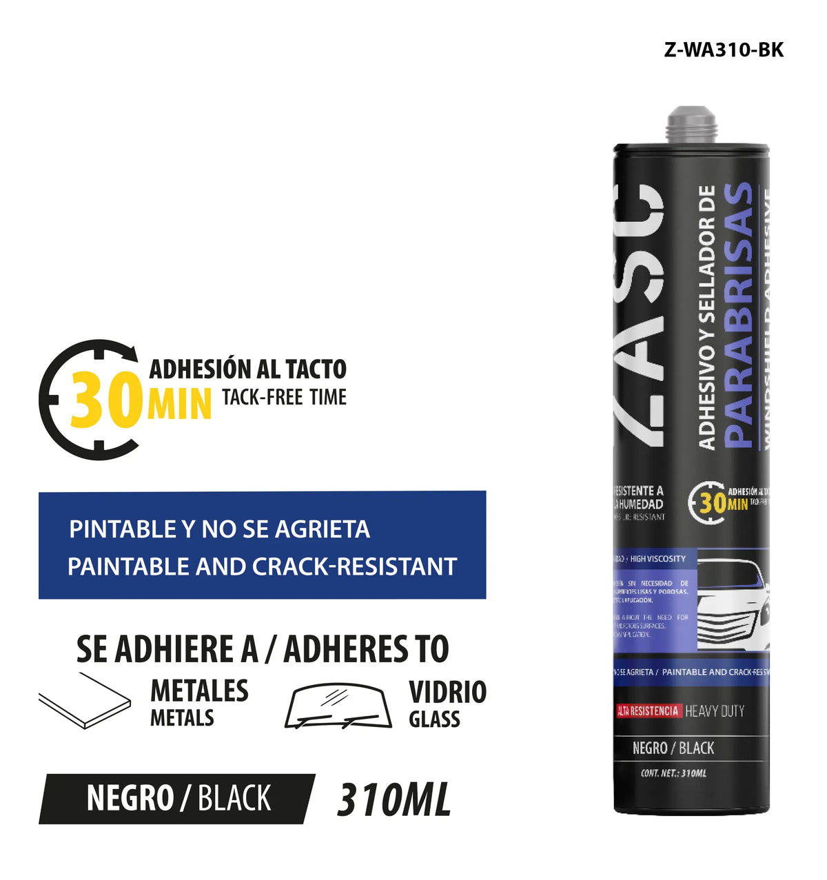 SELLADOR Y ADHESIVO NEGRO PARABRISAS PINTABLE 310ML ZASC Z-WA310-BK