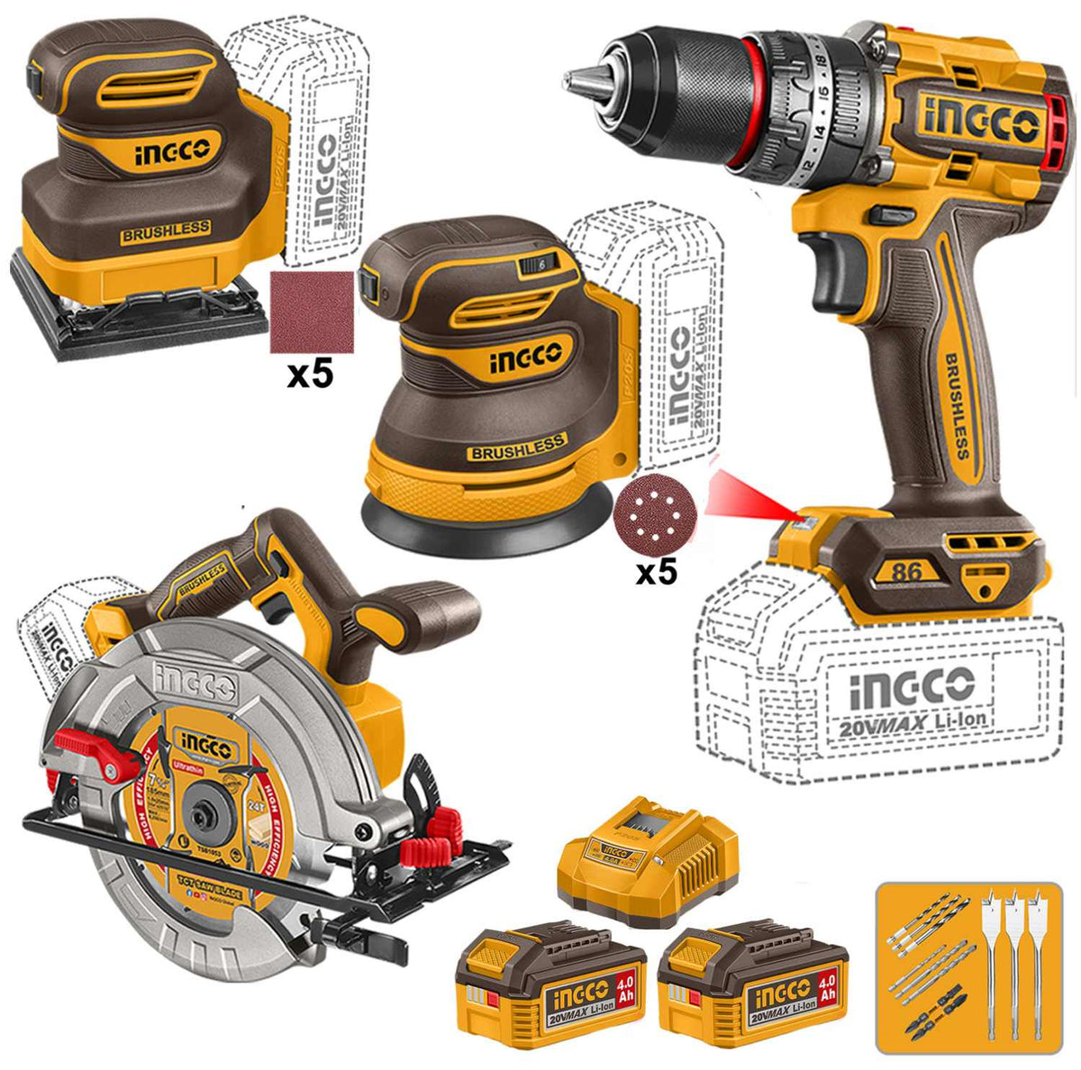 SET LIJADORA PALMA+LIJADORA ROTO ORBITAL+SIERRA CIRCULAR+TALADRO INGCO UCOSLI25108