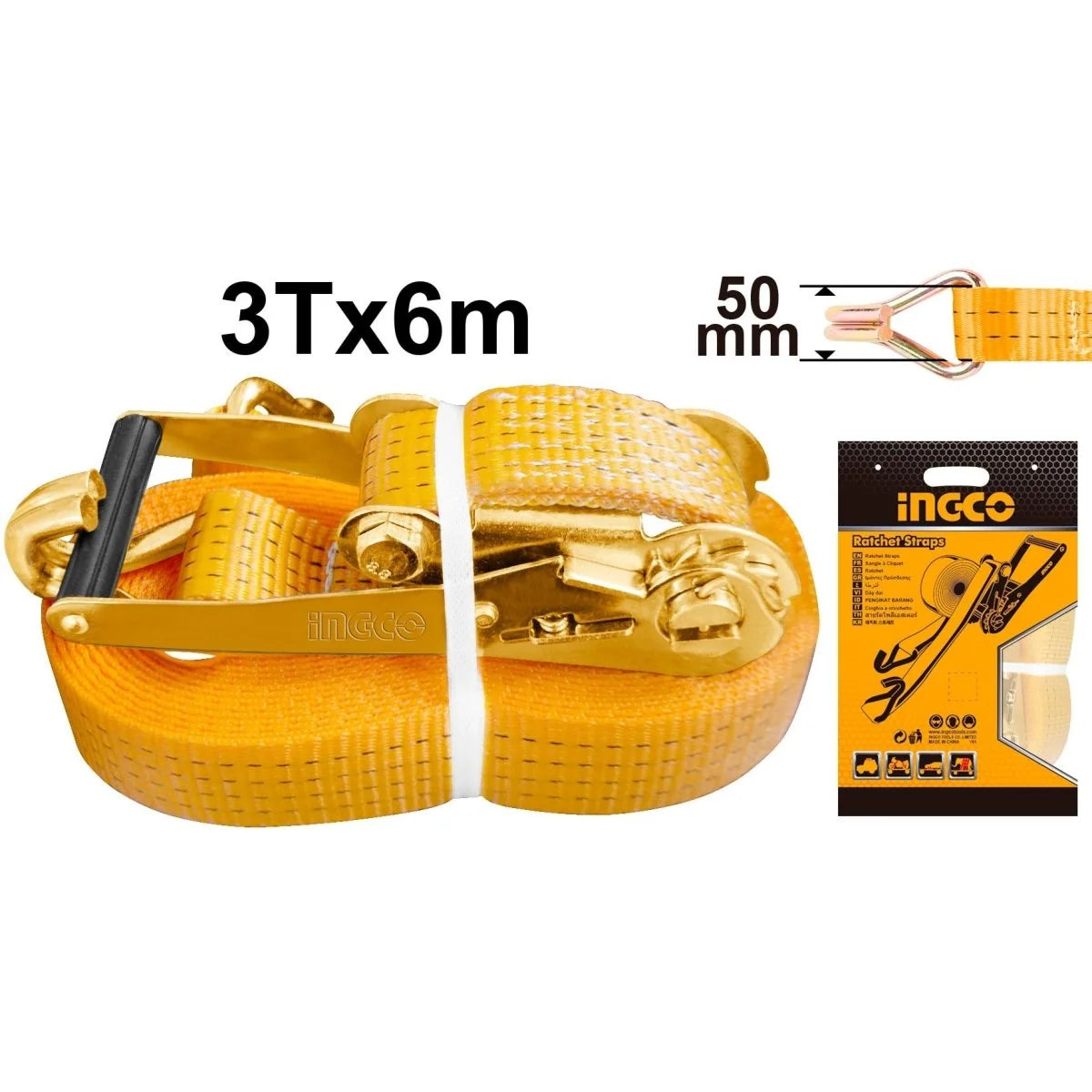 CINCHO CON RATCHET NYLON PARA CARGA 6 m x 50 mm 3 000 kg INGCO HRSP361