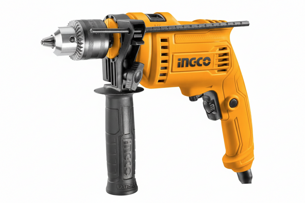 Yellow and black drill with 'INGCO' branding on a white background