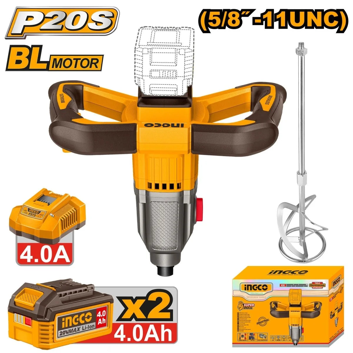 MEZCLADOR PINTURA Y MORTEROS INALAMBRICO 20V 4.0 AH INGCO UMXLI20162