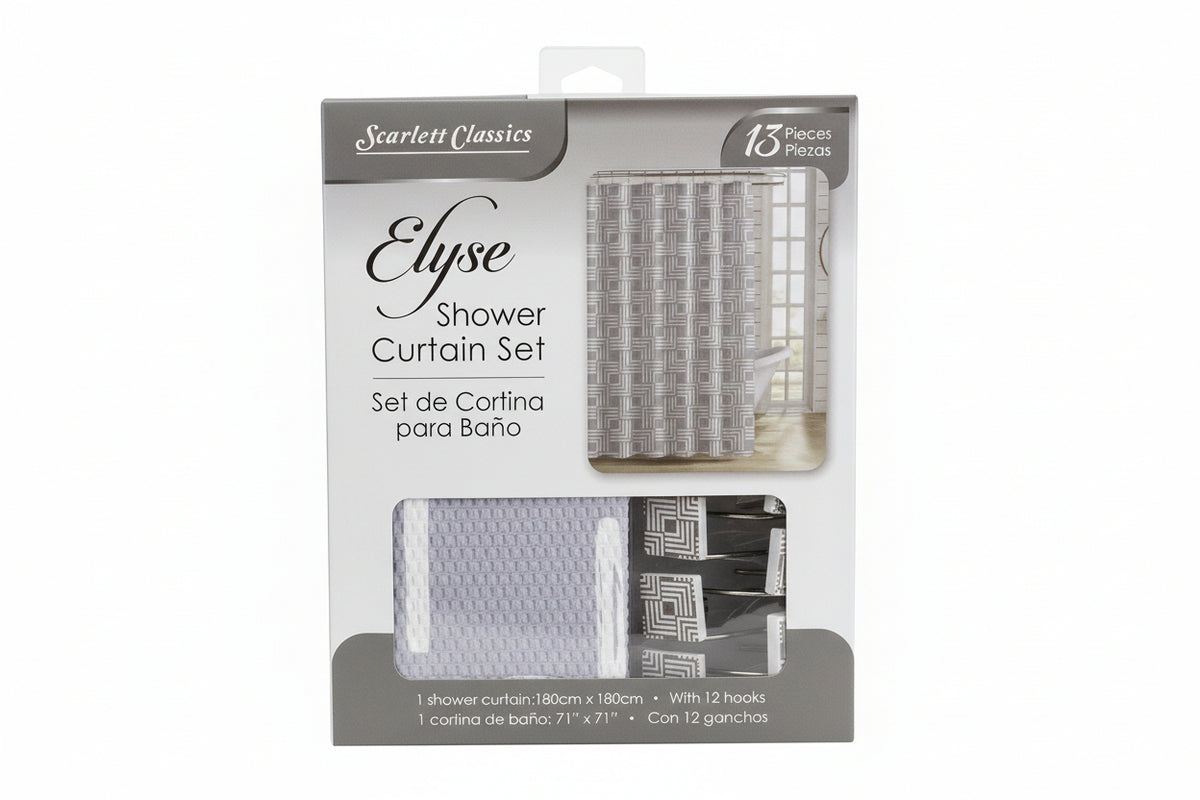 CORTINA DE BAÑO DE TELA ELYSE CON GANCHOS 13 PIEZAS SCARLET CLASSICS BA-4215