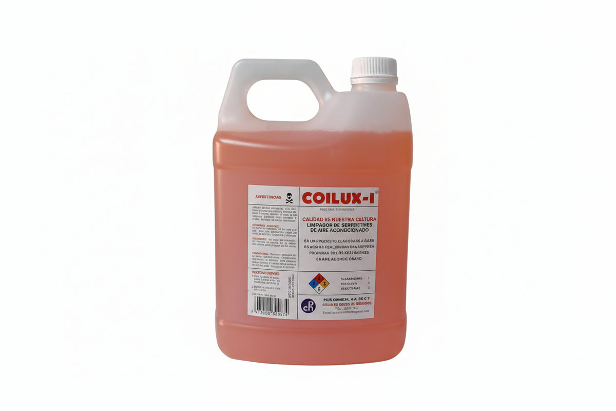 Large container of Coilux-I liquid on a white surface with a green background