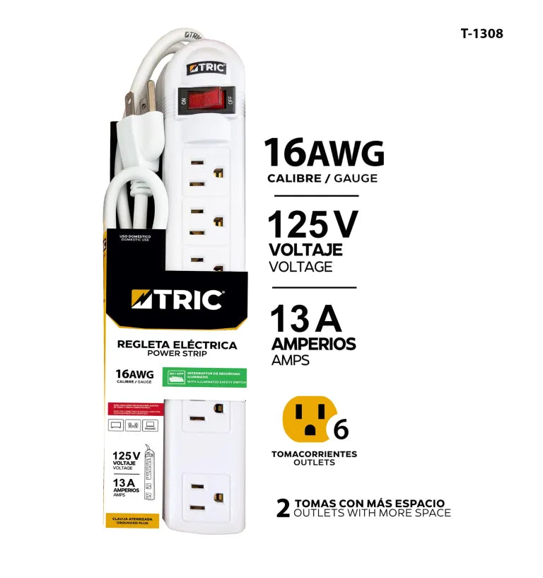 REGLETA ELECTRICA BLANCA 6 TOMA CORRIENTES 125V TRIC 16AWG T-1308