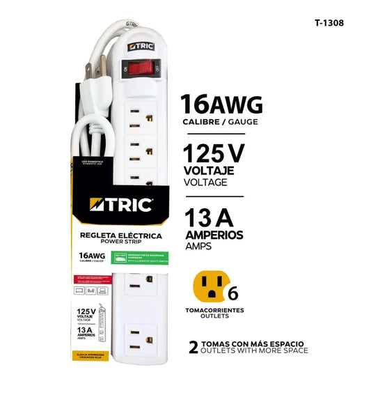REGLETA ELECTRICA BLANCA 6 TOMA CORRIENTES 125V TRIC 16AWG T-1308