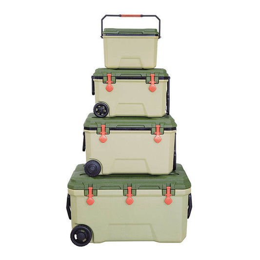 HIELERA CUADRADA BEIGE Y VERDE OLIVA DE 145 LITRO