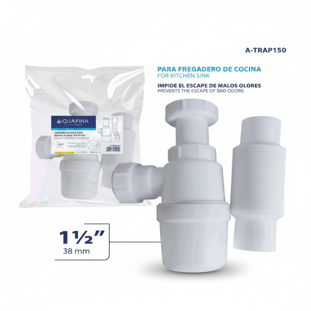 TRAMPA PVC FLEXIBLE CON BOTELLA PARA FREGADERO 1 1/2PLG  AQUAFINA A-TRAP150