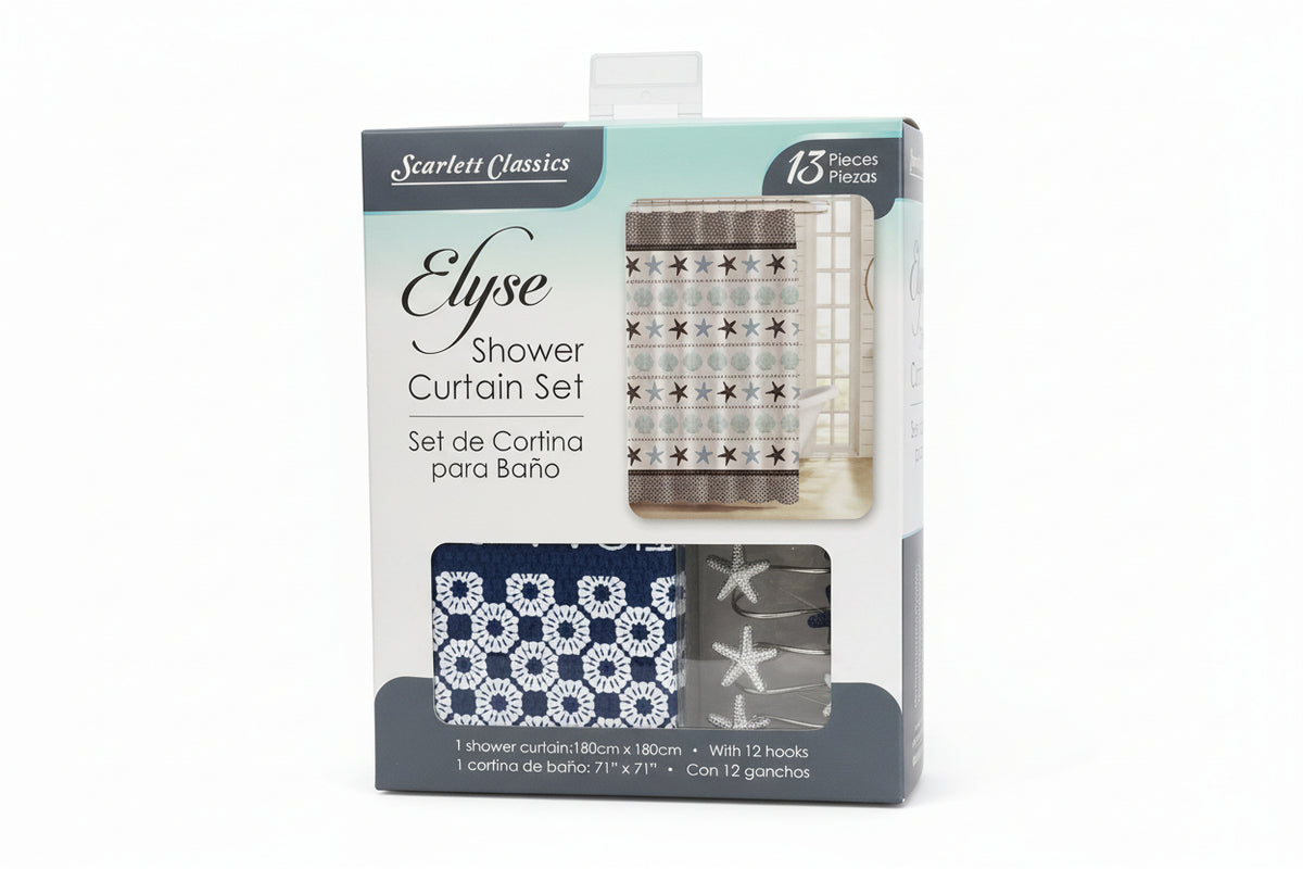 CORTINA DE BAÑO DE TELA ELYSE CON GANCHOS 13 PIEZAS SCARLET CLASSICS BA-4215