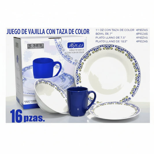 VAJILLA DE PORCELANA DECORACION AZUL 16PCS 16PCS-105-3