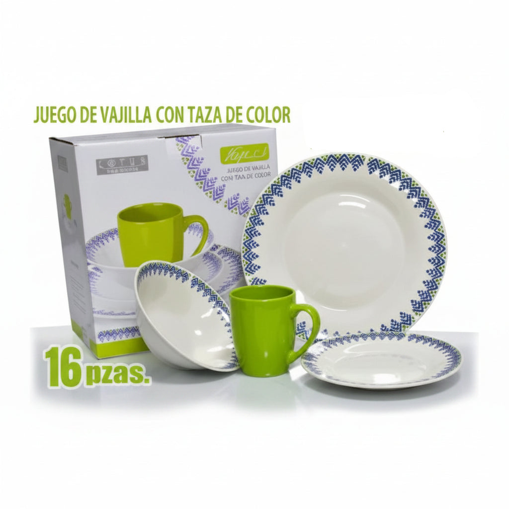 VAJILLA DE PORCELANA DECORACION VERDE 16PCS LOTUS 16PCS-105-6