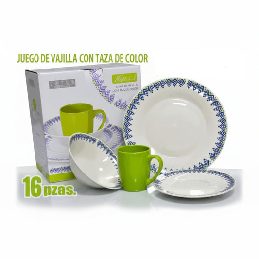 VAJILLA DE PORCELANA DECORACION VERDE 16PCS LOTUS 16PCS-105-6
