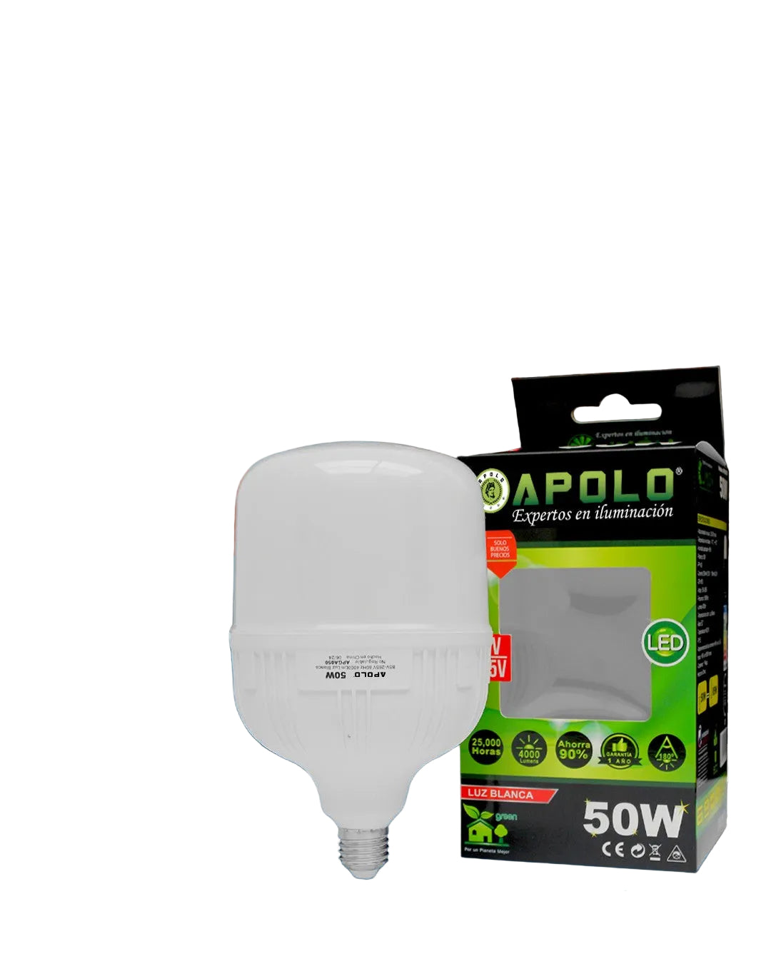 LED bulb with packaging and product details on a blue background