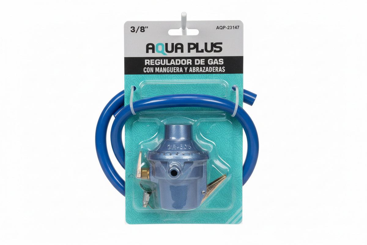 REGULADOR DE GAS CON MANGUERA Y ABRAZADERA AQUA PLUS AQP-23147