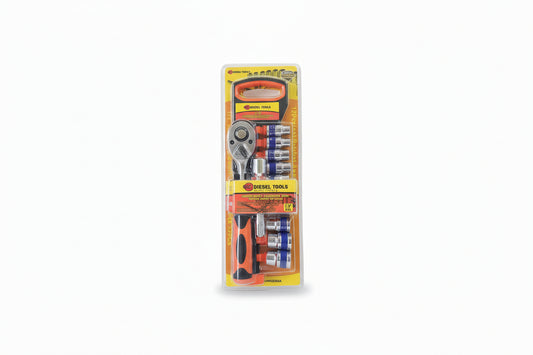 Hand wrench and drill bits set with 'Diesel Tools' packaging on a white background