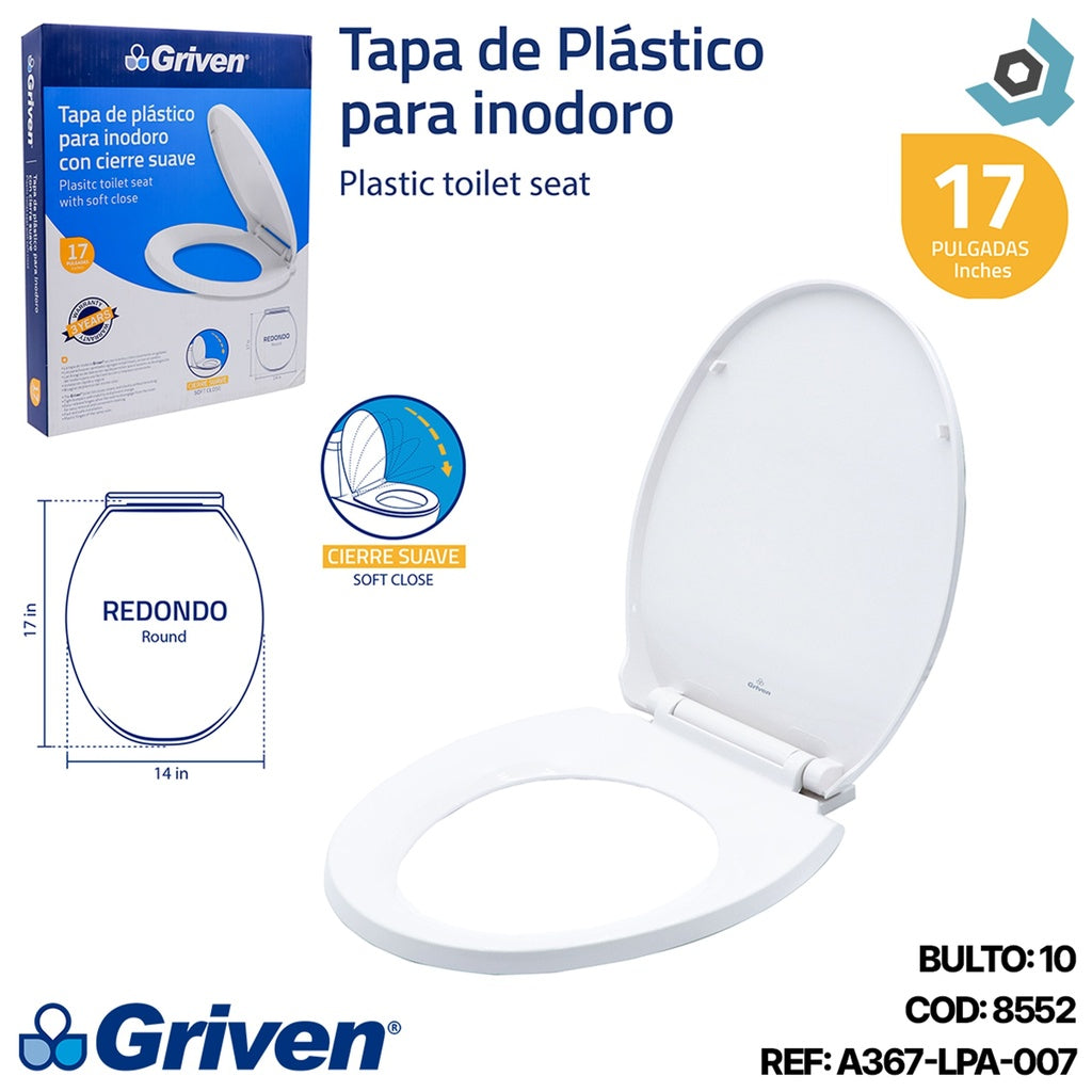 ASIENTO PARA INODORO PLASTICO CIERRE SUAVE GRIVEN A367-LPA-007